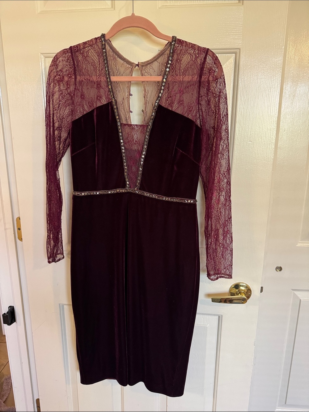 Badgley Mischka Plum Velvet & Lace Long Sleeve Cocktail Dress